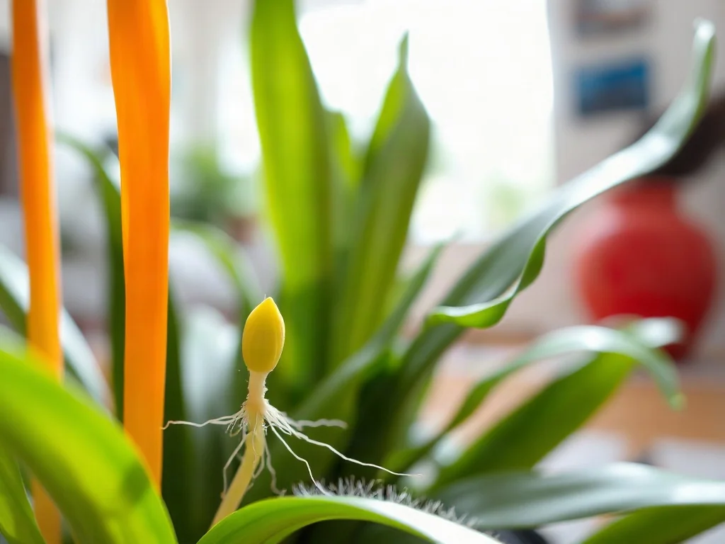 Zbliżenie na zielistkę 'Green Orange' z wyraźnymi pomarańczowymi łodygami oraz młodą sadzonką z widocznymi korzeniami.